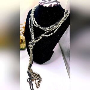 "5/$25" Long Silvertone Gunmetal Multistrand Knot Costume Necklace
